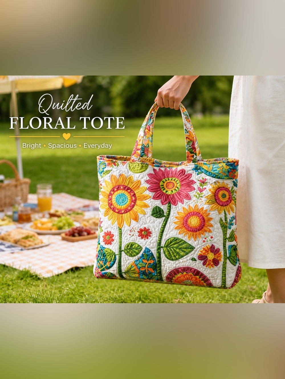 Colorful Quilted Floral Tote Bag Large Lightweight Everyday Carryall teacher bag